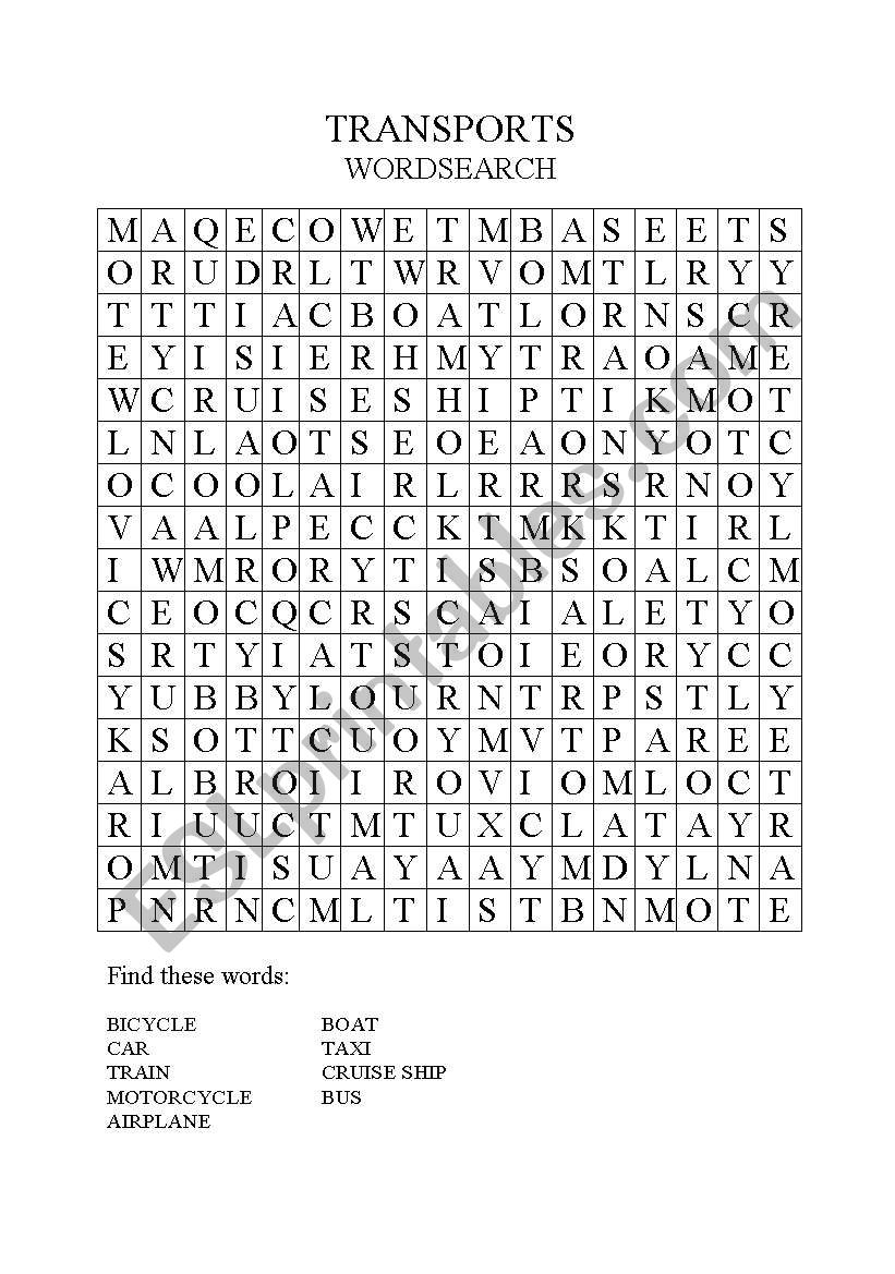 Transports - wordsearch worksheet