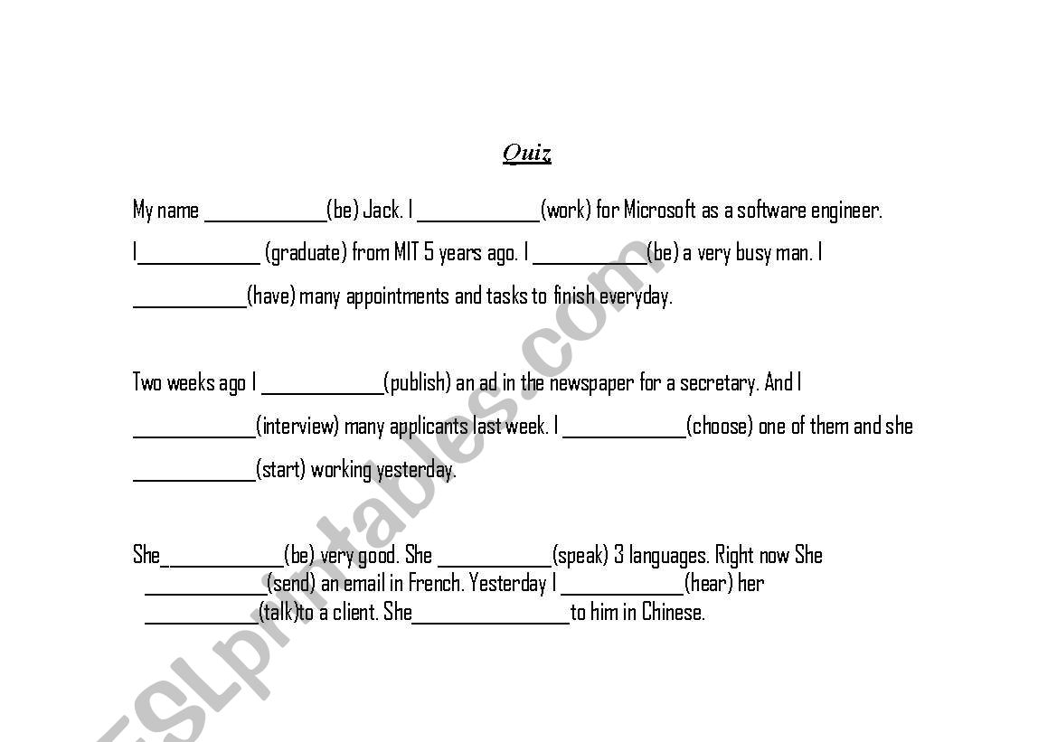 presen and past quiz worksheet