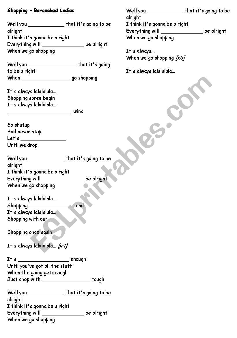 Shopping - Song Activiry worksheet