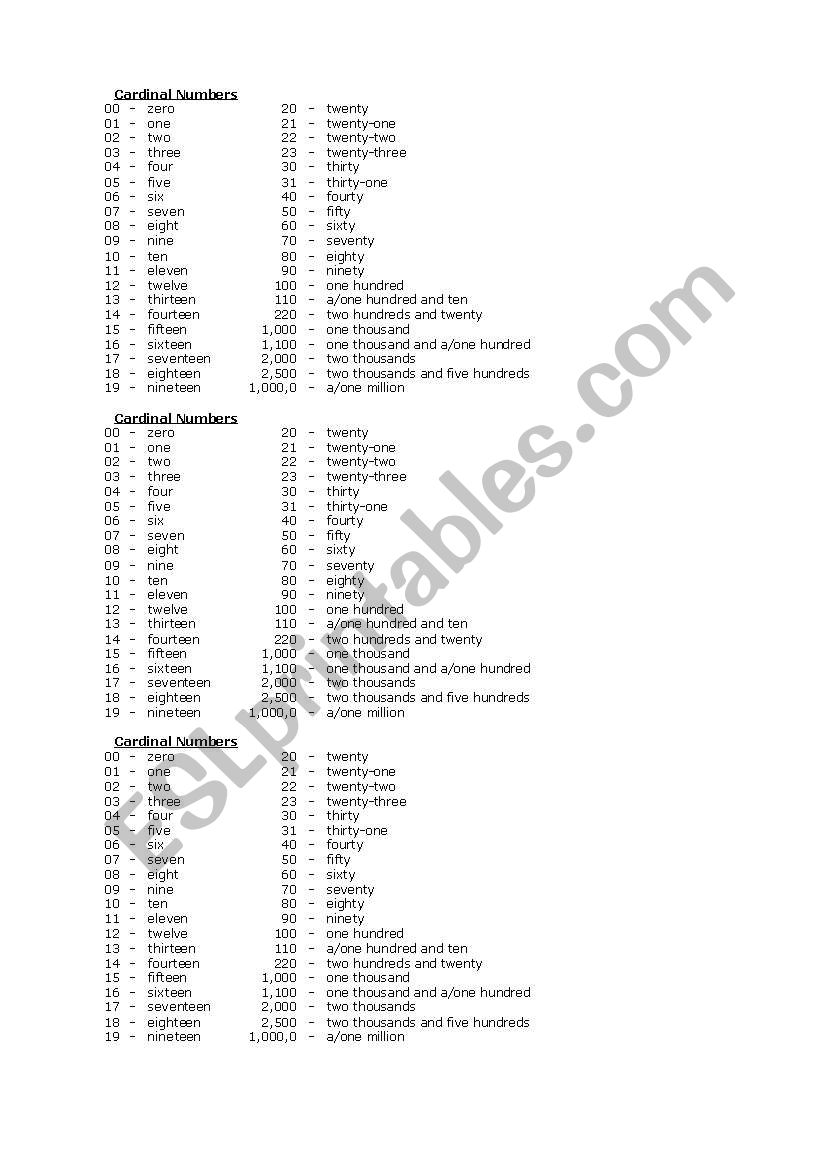 cardinal Numbers worksheet