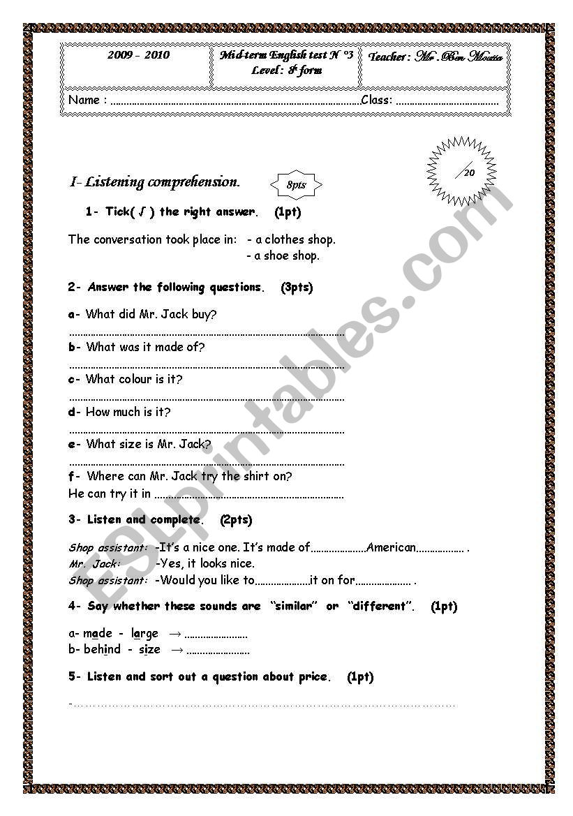 8 th year mid- term test no3.I will upload the listening passage related to this test very soon;within some hours