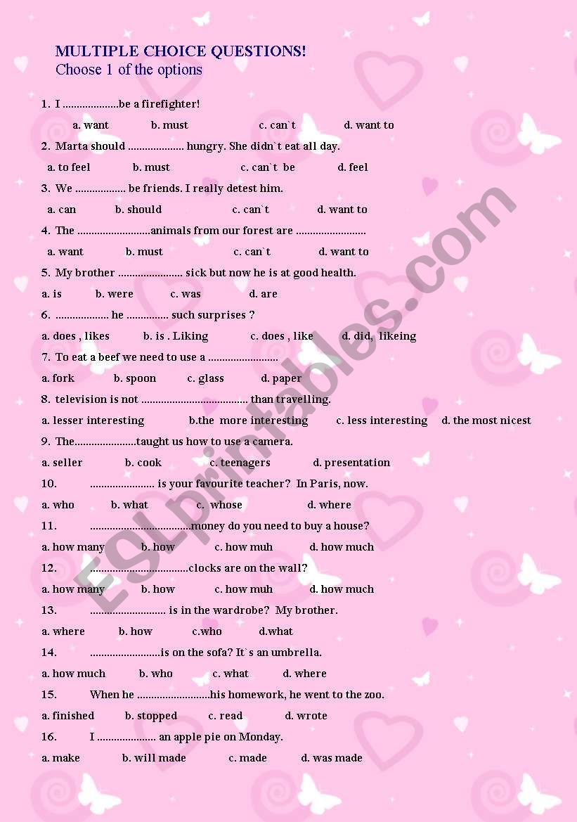 multiple choice questions, various grammar tenses, vocabulary