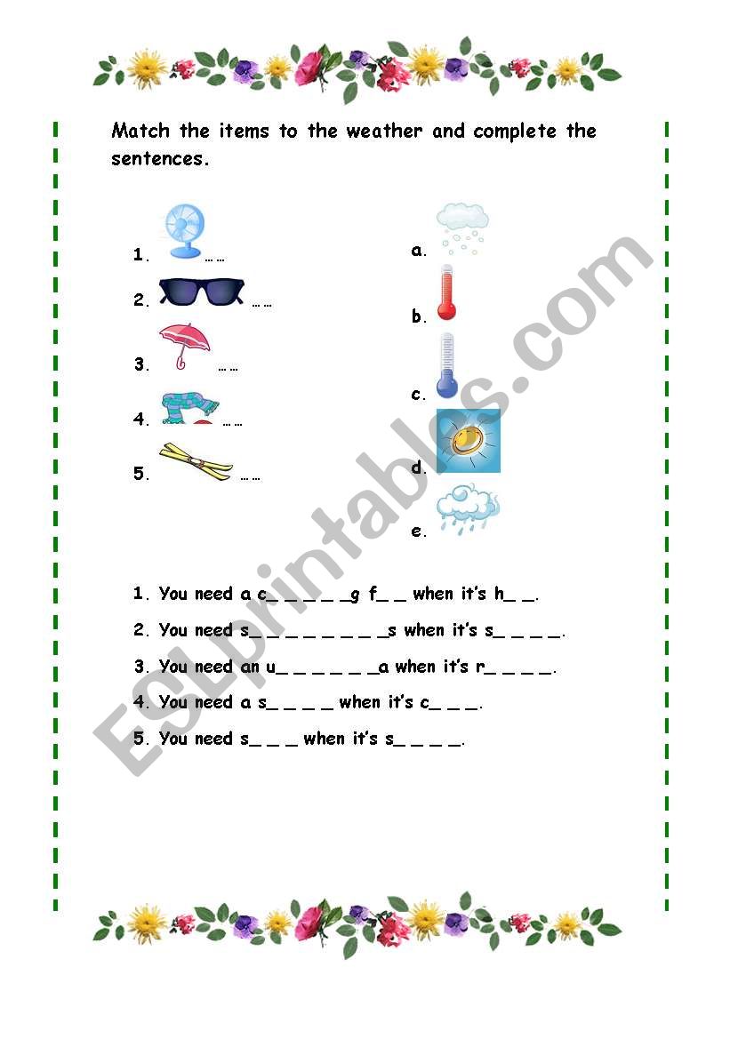 items and weather matching worksheet plus key