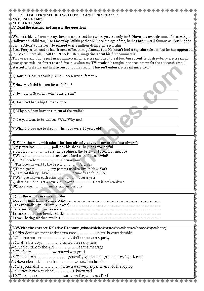  written exam for 9th grades worksheet