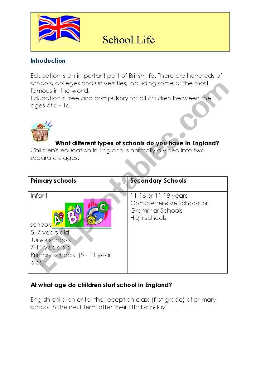 school life worksheet