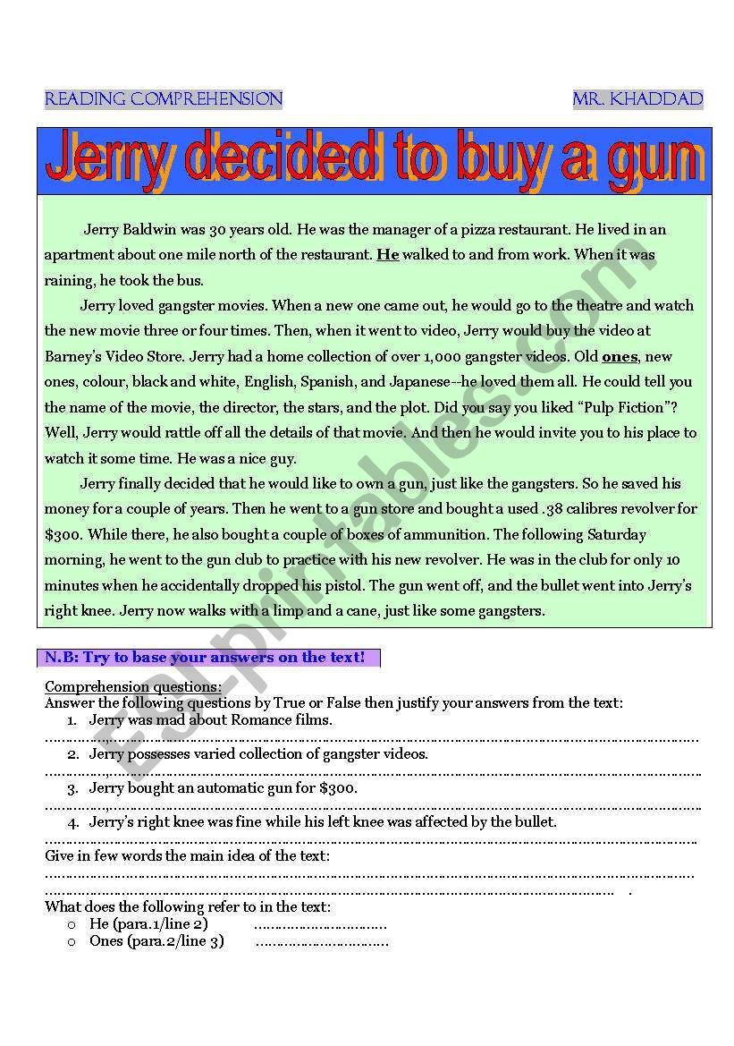 Jerry decided to buy a gun ! worksheet