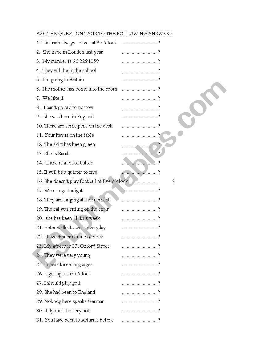 question tag worksheet