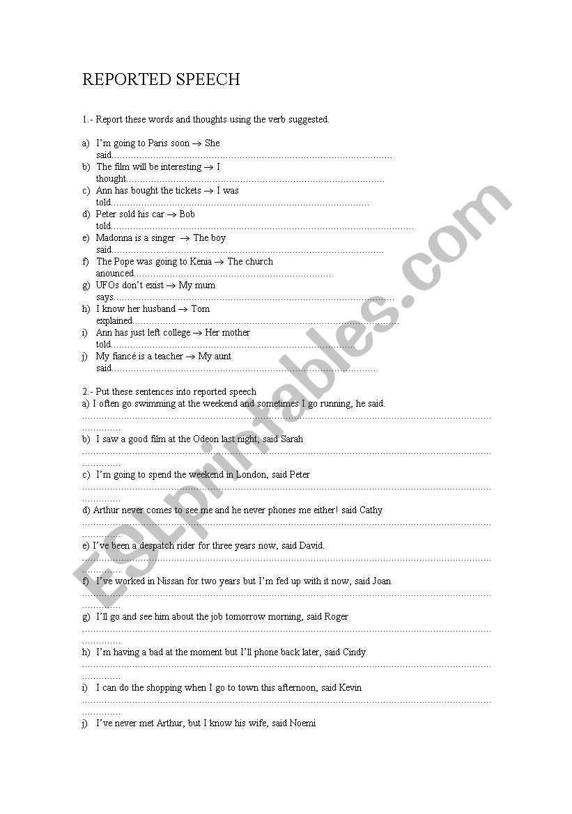 reported speech worksheet