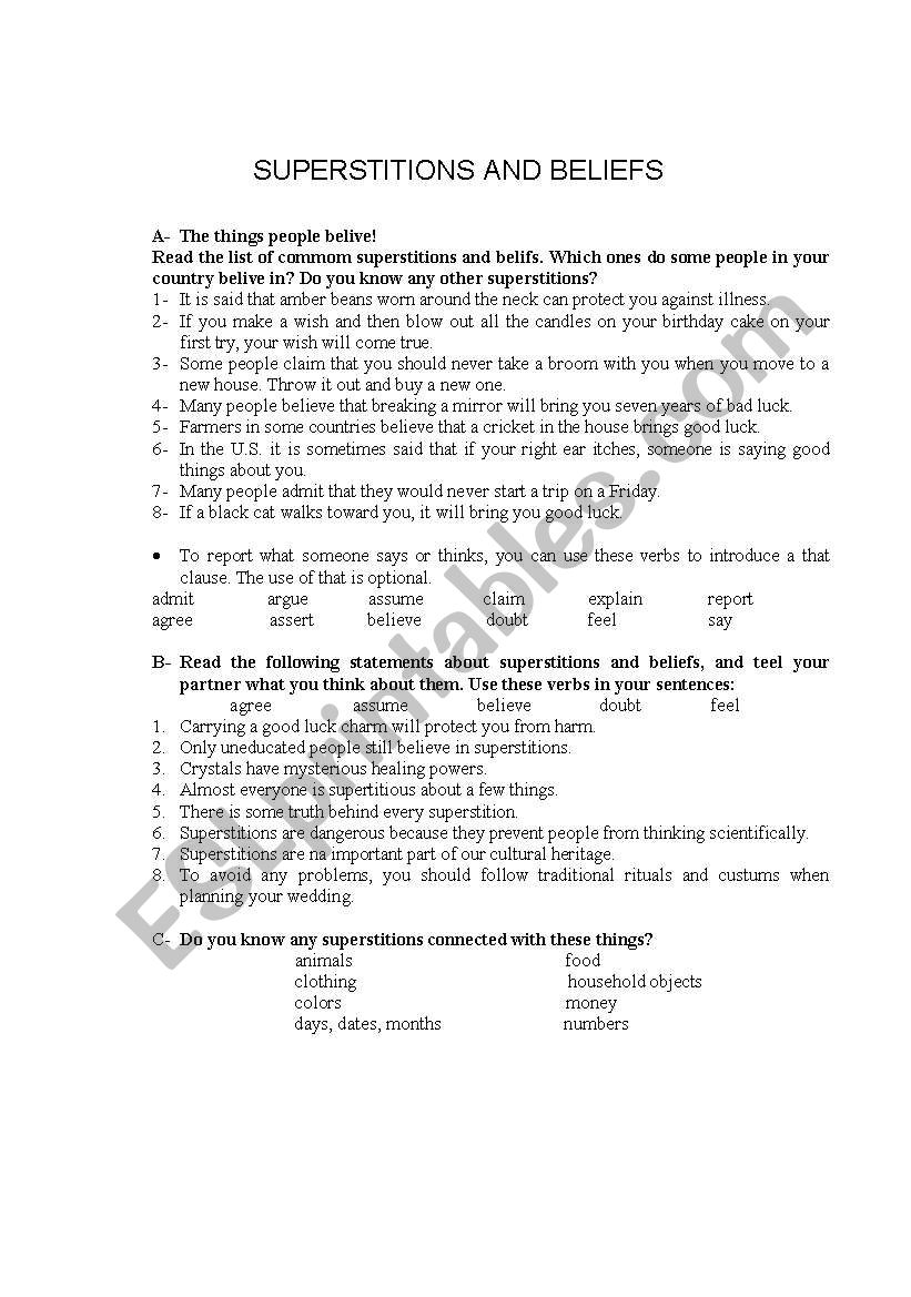 Superstition and Beliefs worksheet