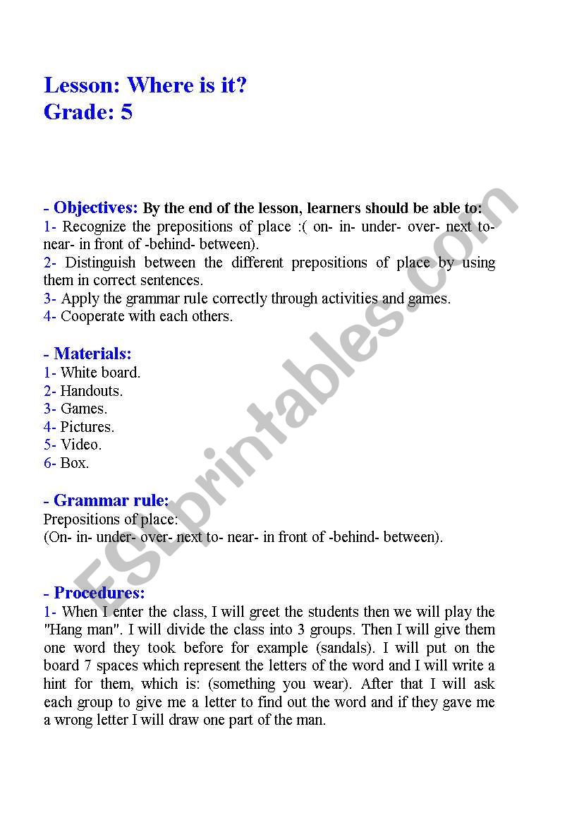 prepositions lesson plan worksheet