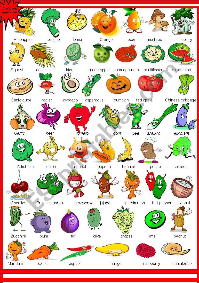 Cute Fruits and Vegetables Pictionary