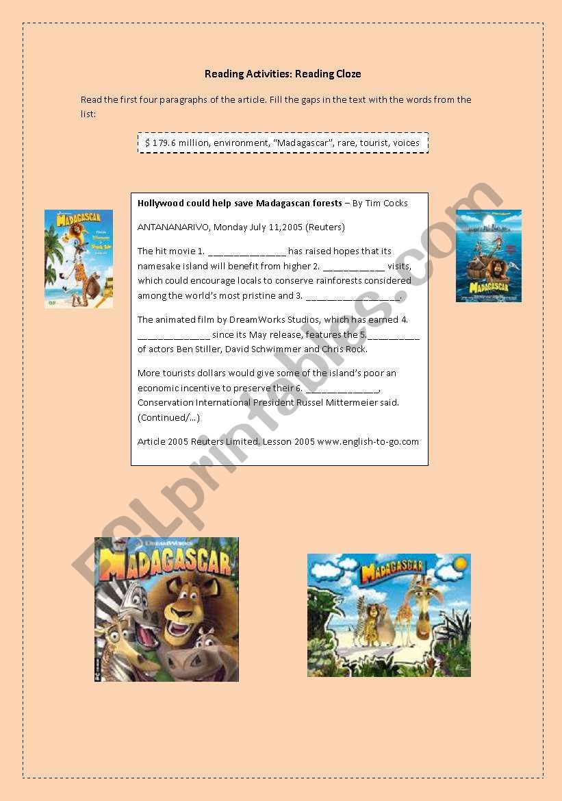 Reading cloze Madagascar worksheet