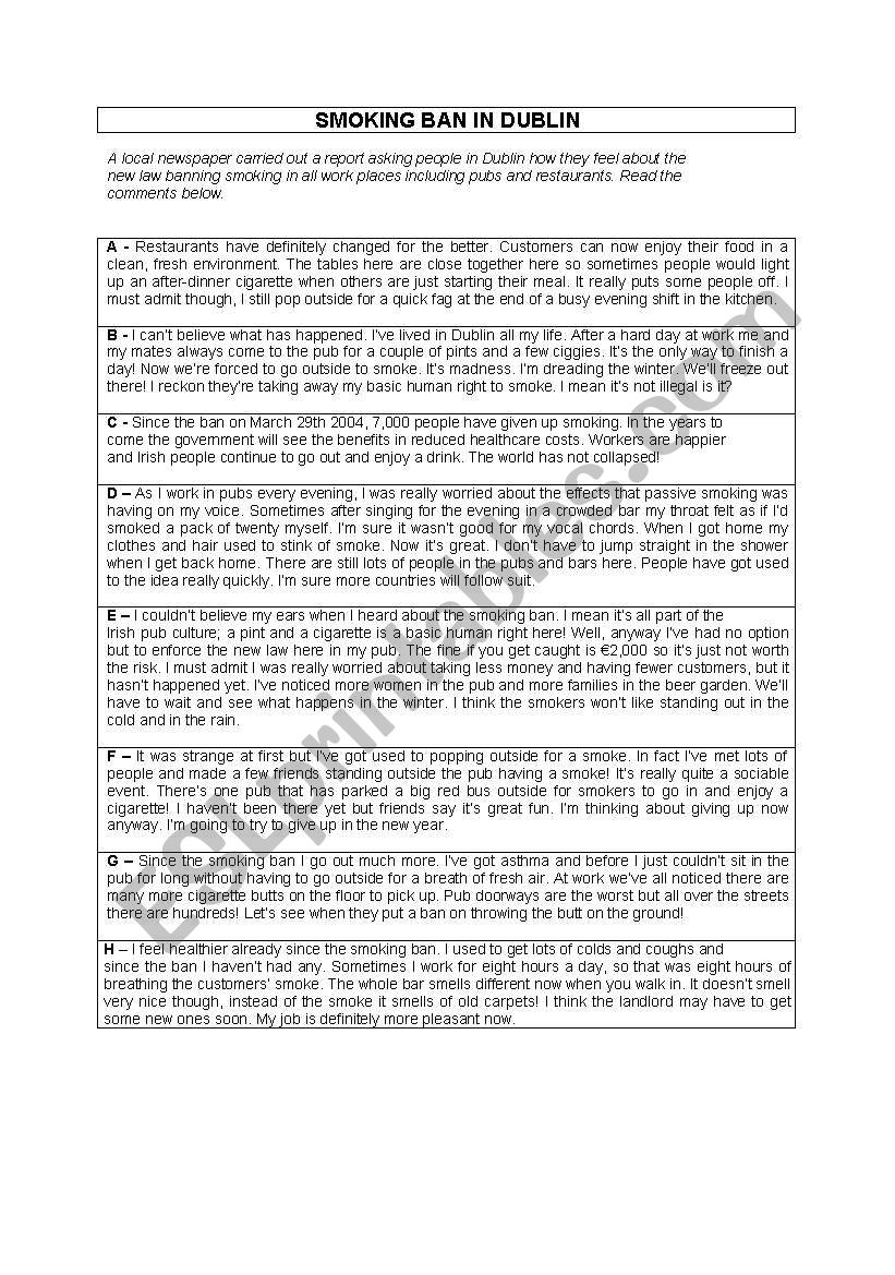smoking ban in Dublin worksheet