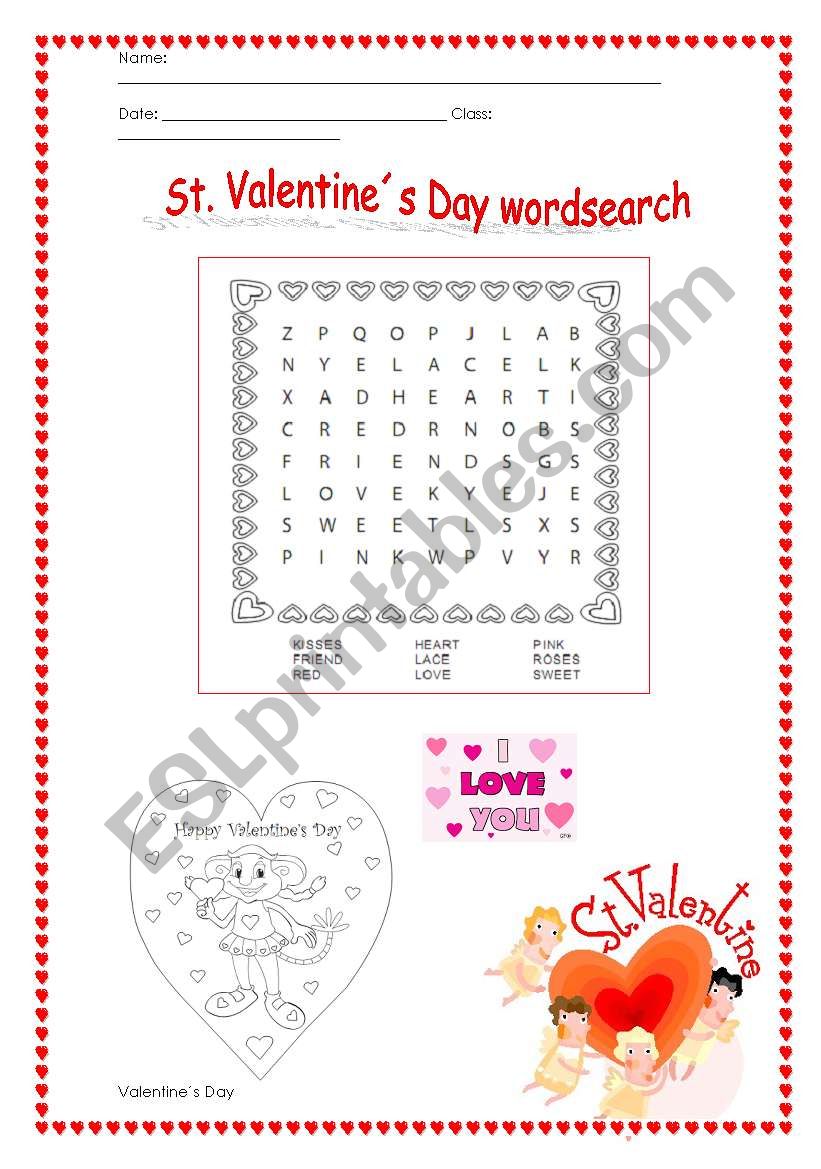 Valentines day wordsearch worksheet