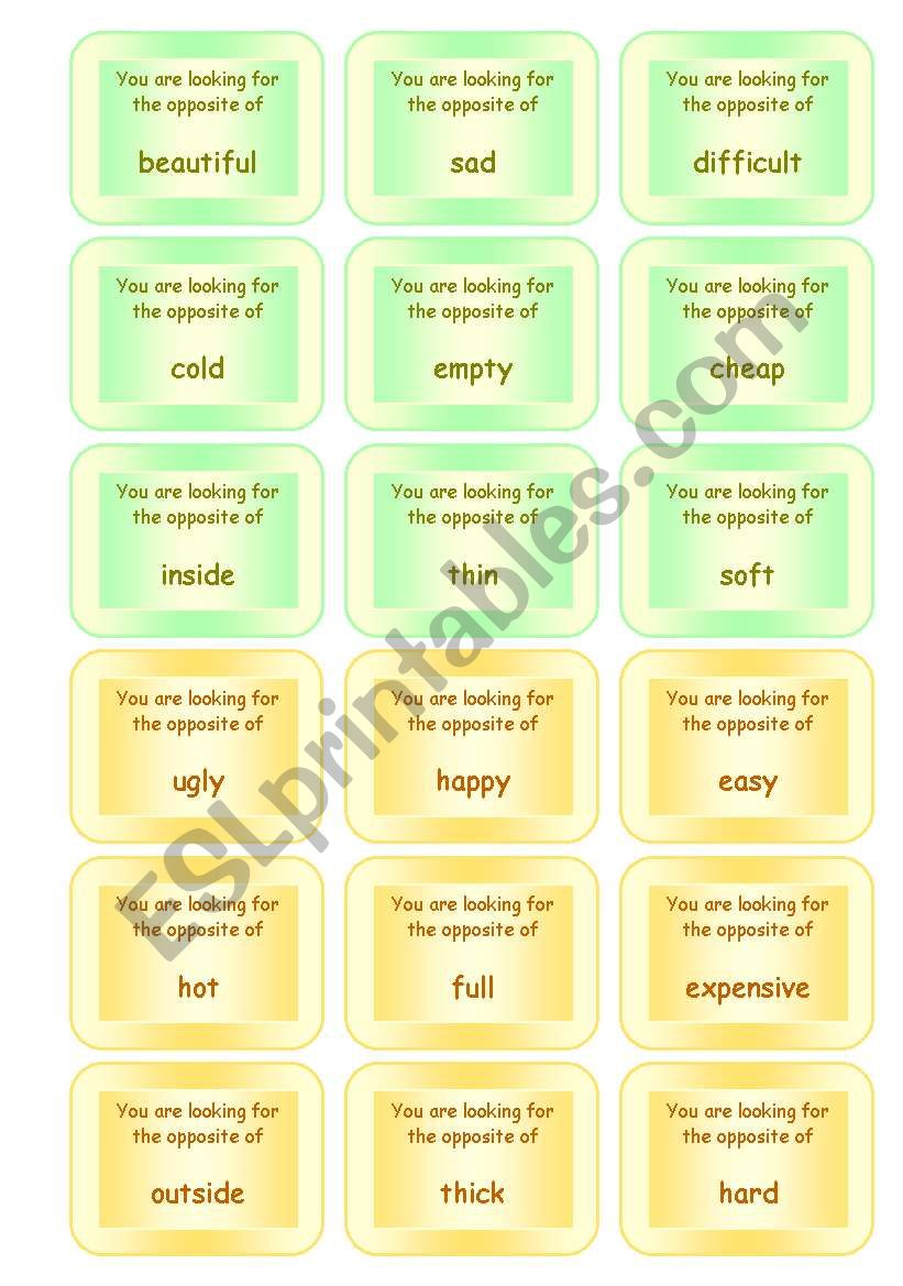 FUNNY SPEAKING GAME ON OPPOSITES  72 CARDS  GOOD FOR ADULTS, TOO!! (5 pages)