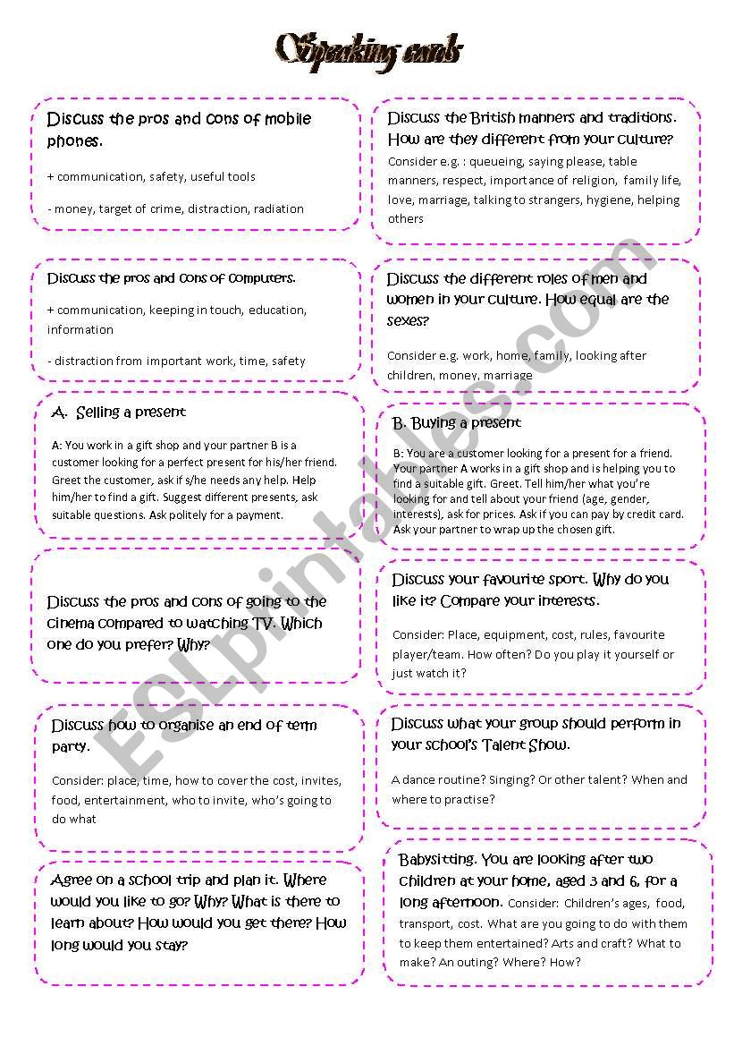 Speaking cards for pairwork or group discussion