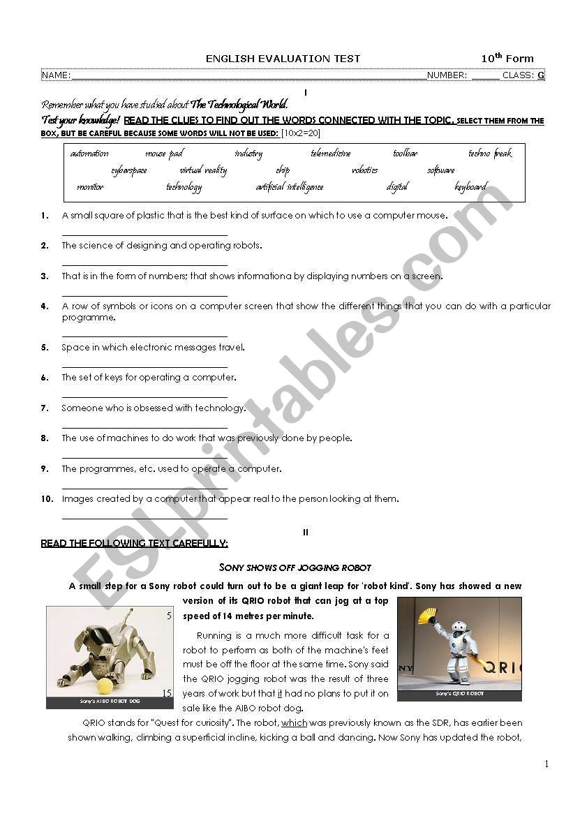 The Technological World - Test for the 10th grade