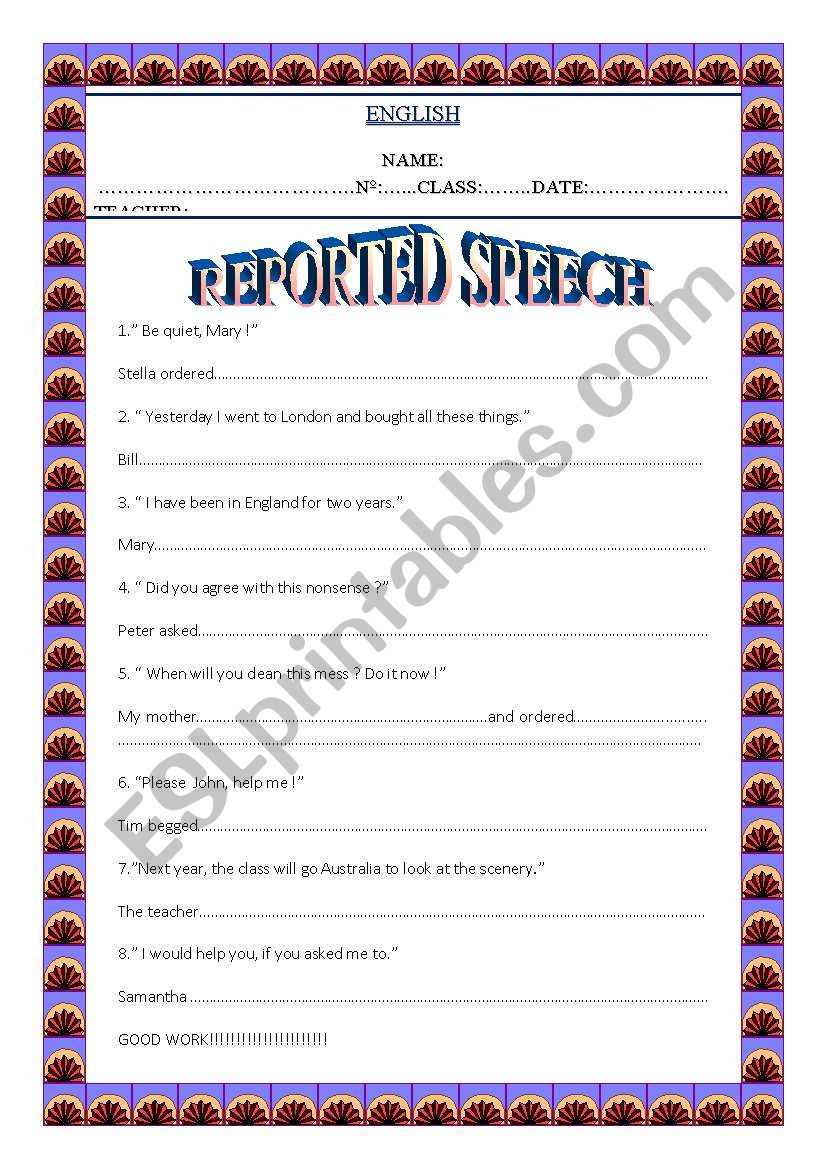 Reported Speech worksheet