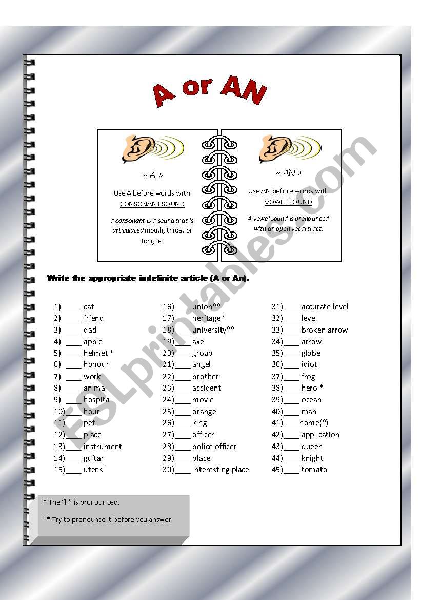 Indefinite articles : A - An worksheet (key included)