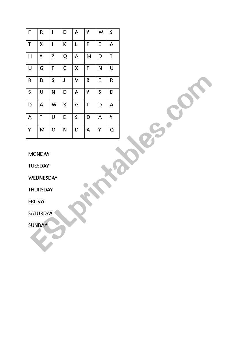 days of the week worksheet