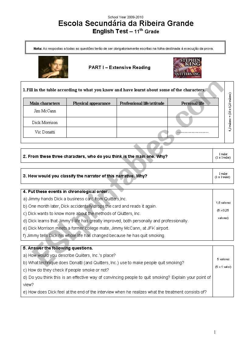 Quitters, Inc. Test worksheet