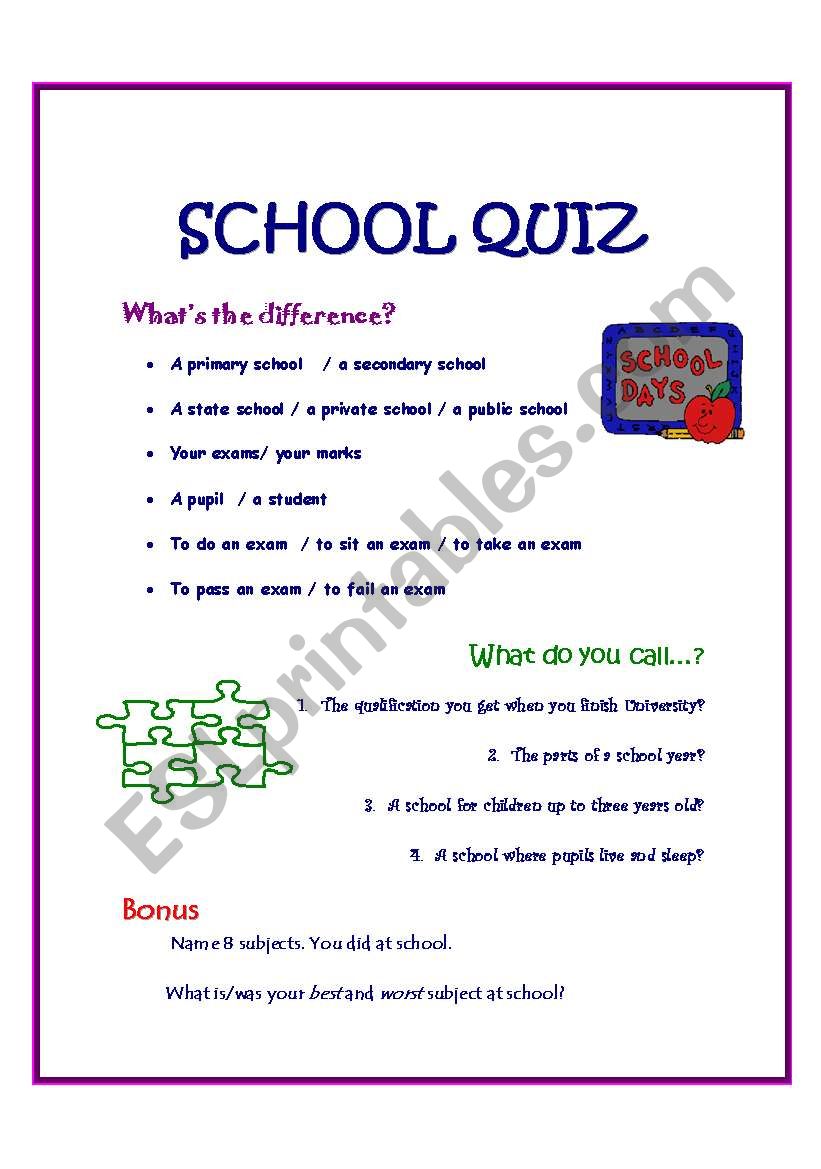 School Time Quiz worksheet