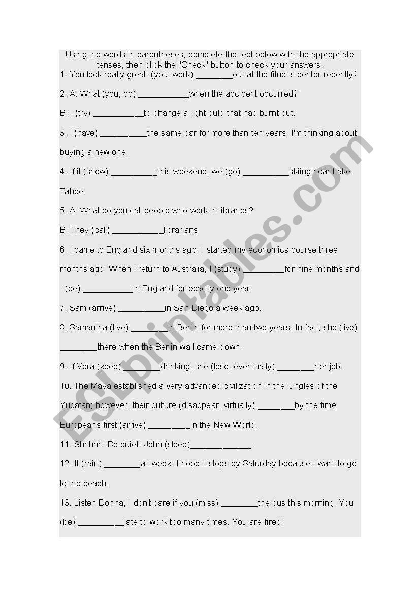 verb tenses worksheet