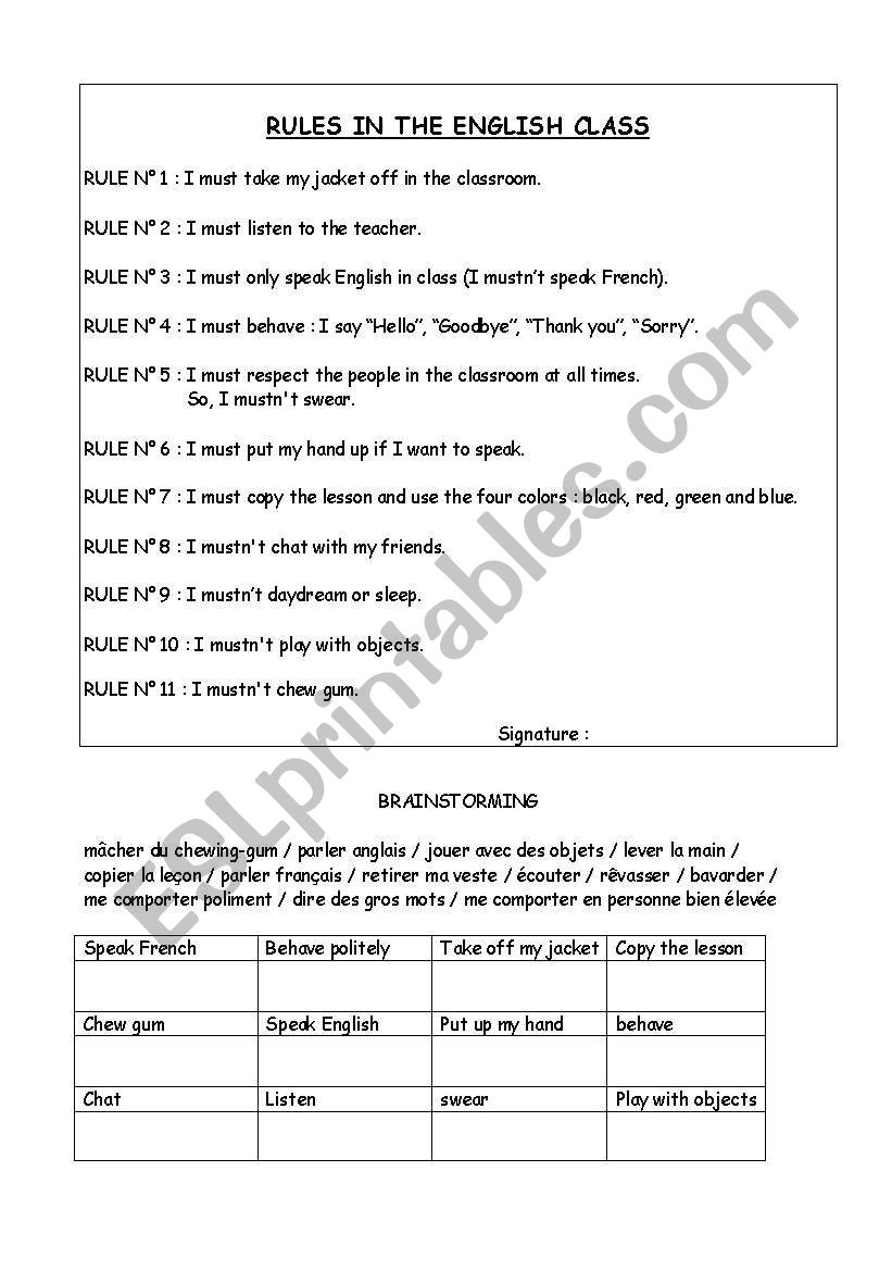 rules in the english class worksheet