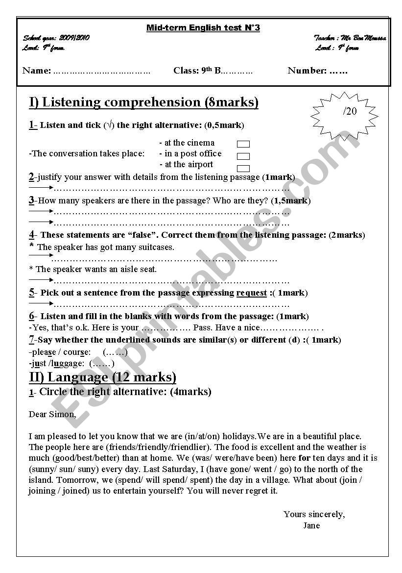 9 th year mid term test n 3. Another test 
