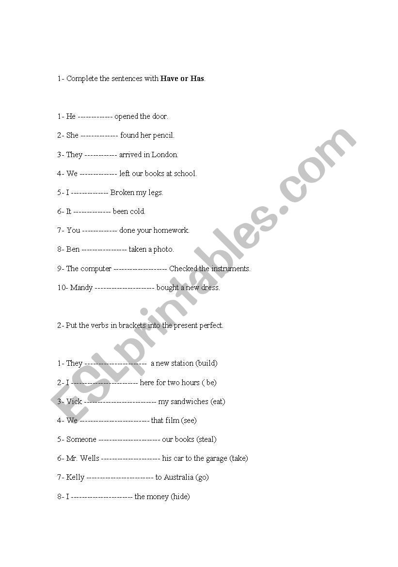 present perfect worksheet