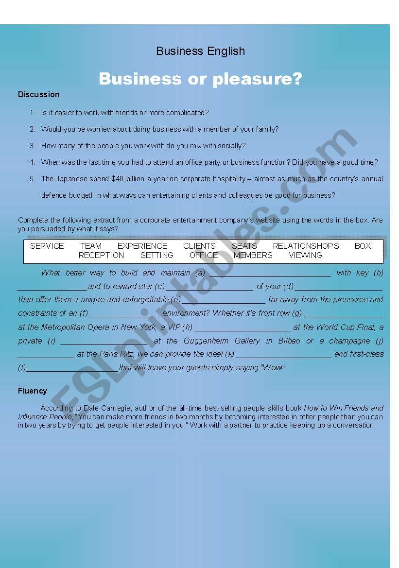 BUSINESS OR PLEASURE?! worksheet