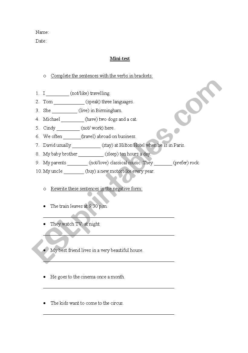 simple present test worksheet