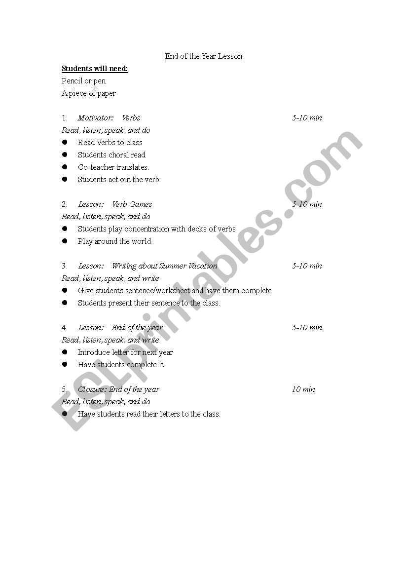 End of the year lesson plan worksheet