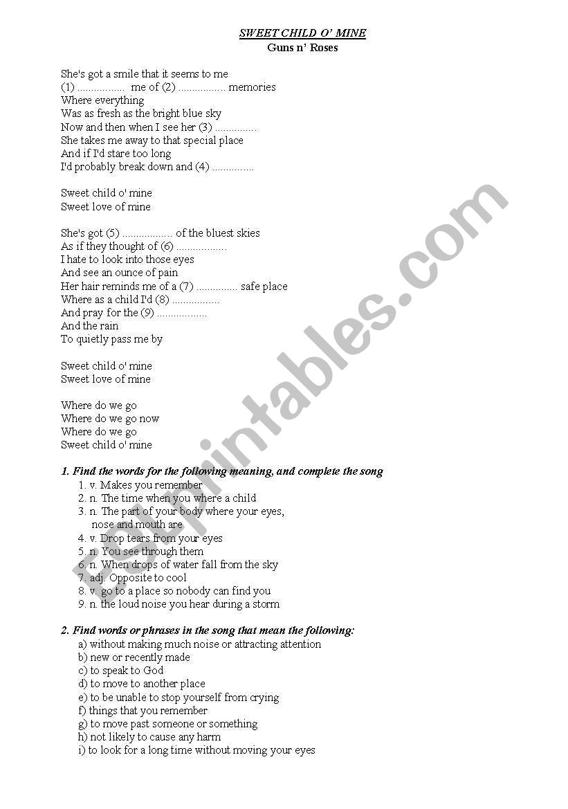 Worksheet: SWEET CHILD OÂ´ MINE by Guns Â´n Roses