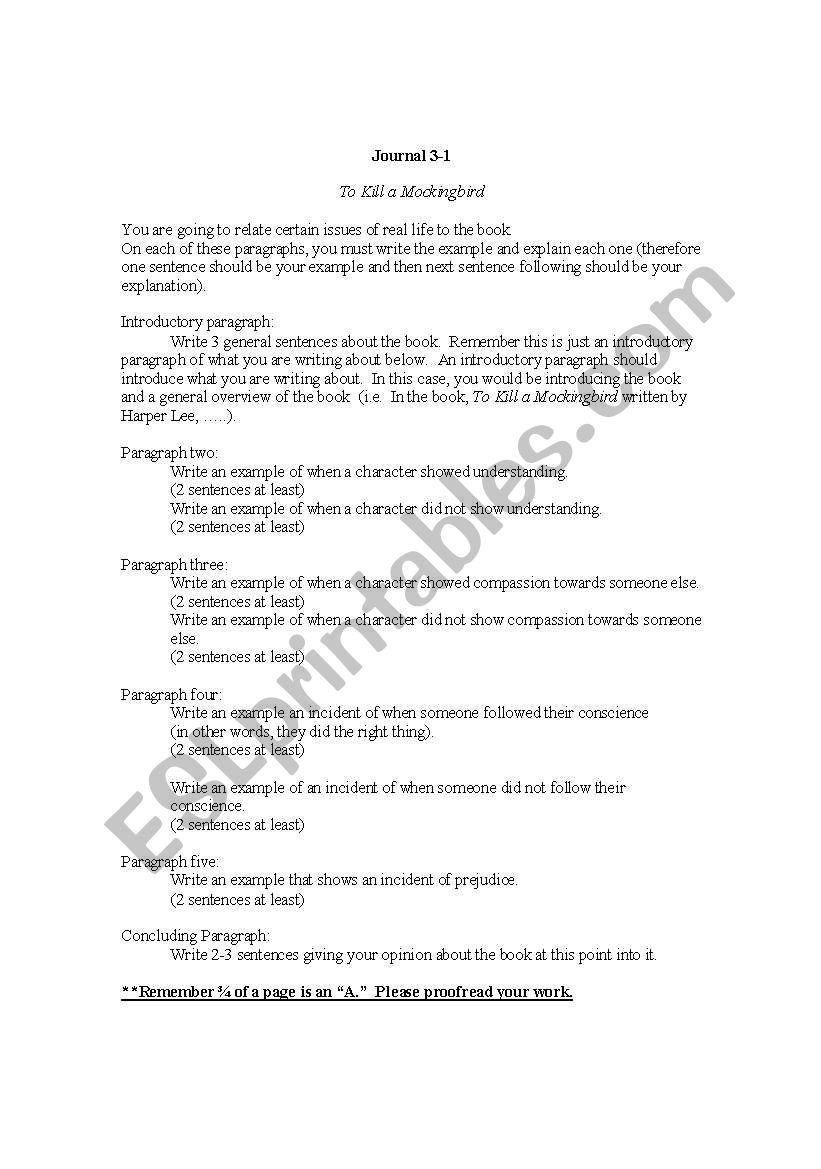 To Kill A Mockingbird Journal worksheet