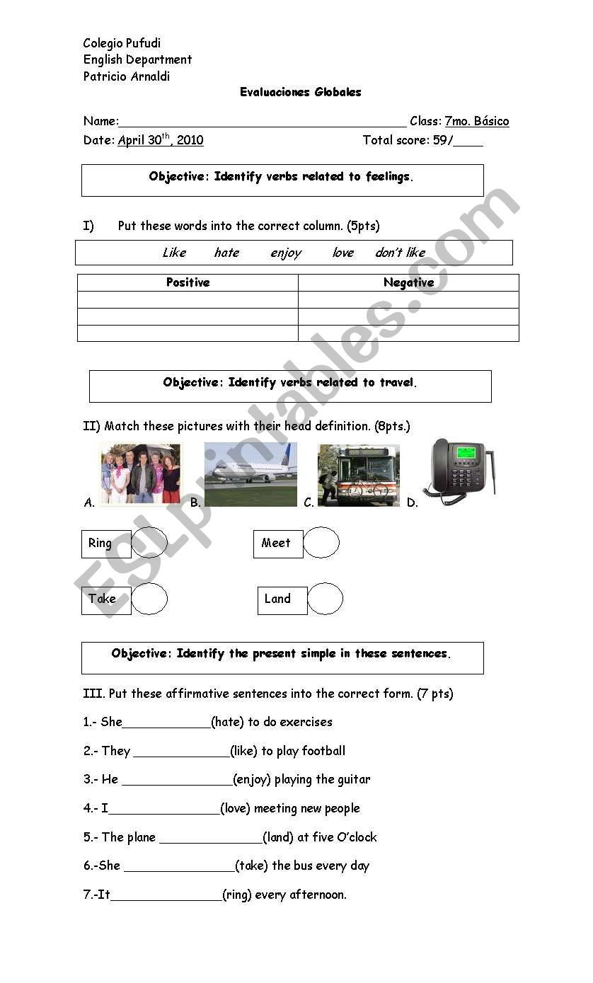 simple present test/worksheet worksheet