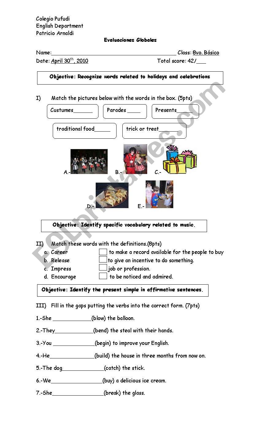 simple present test/worksheet holidays and celebrations