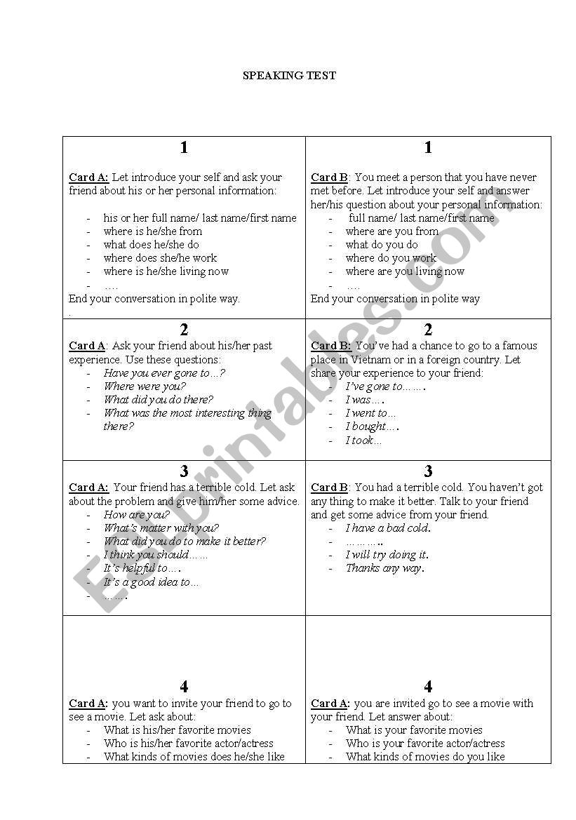 speaking test worksheet