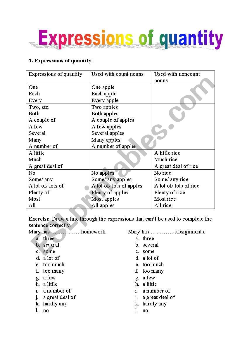 expressions of quantity worksheet