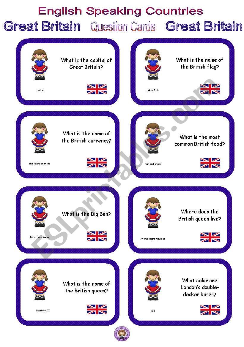 English Speaking Countries - Question cards 5 - Great Britain