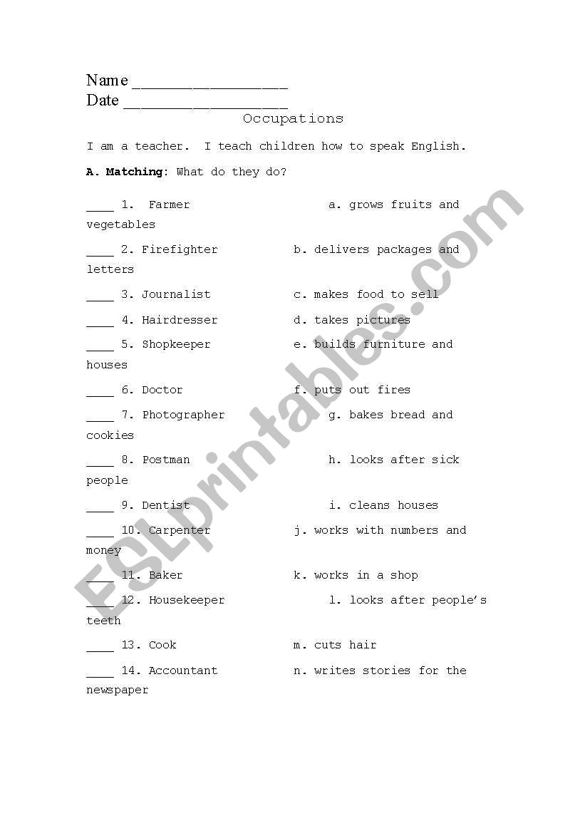 Occupations  worksheet