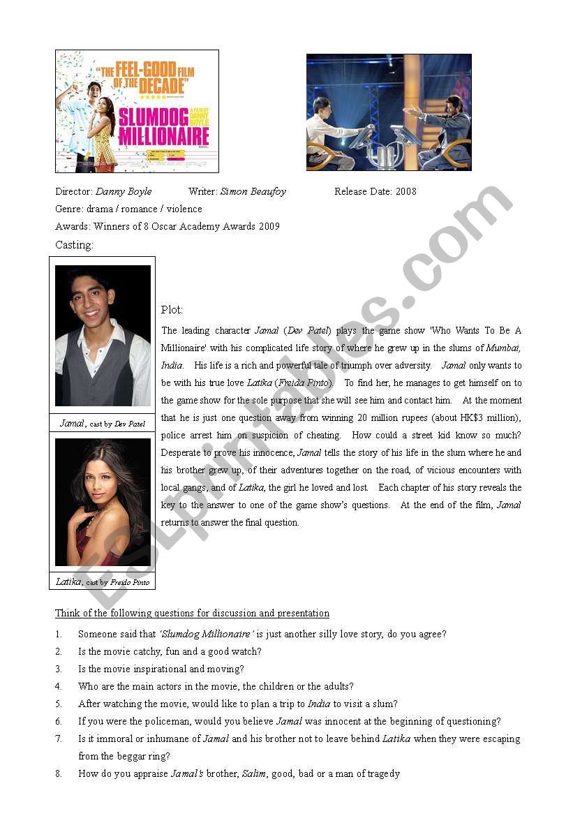 Slumdog Millionnaire worksheet