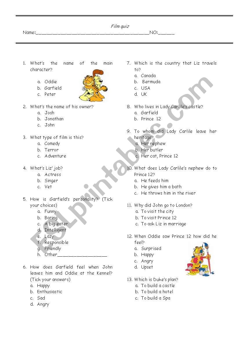 Garfield 2 worksheet