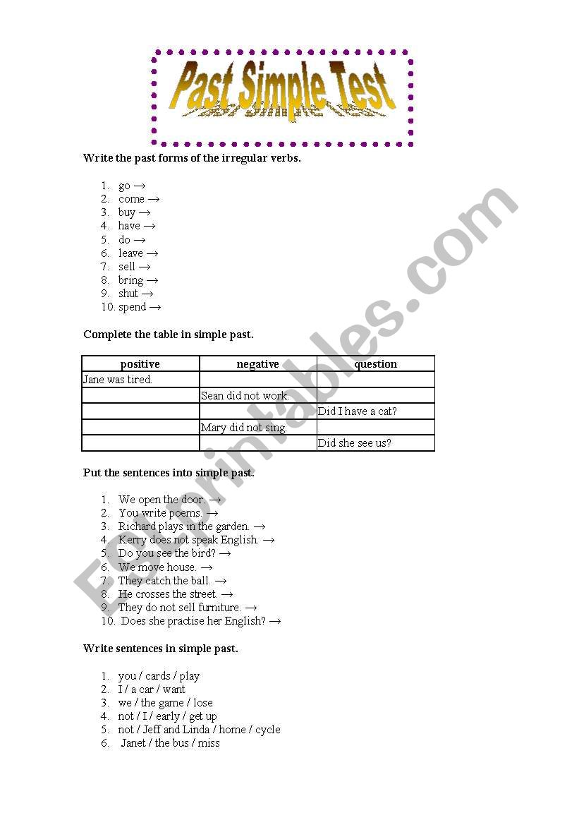 PAST SIMPLE TEST worksheet