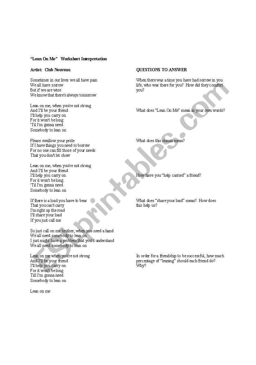 Lean On Me Friendship Interpretation