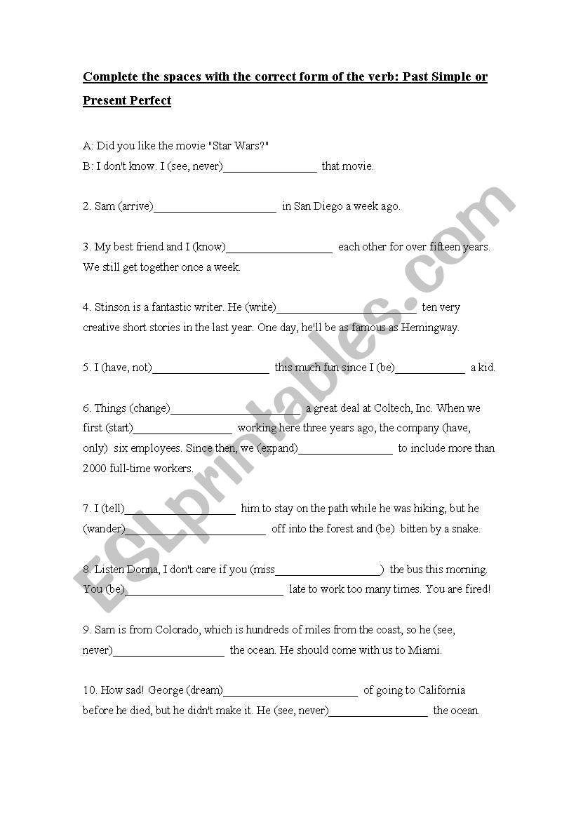 present perfect worksheet