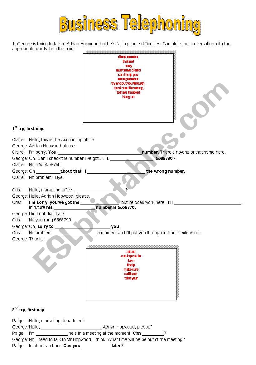 Business Telephoning worksheet