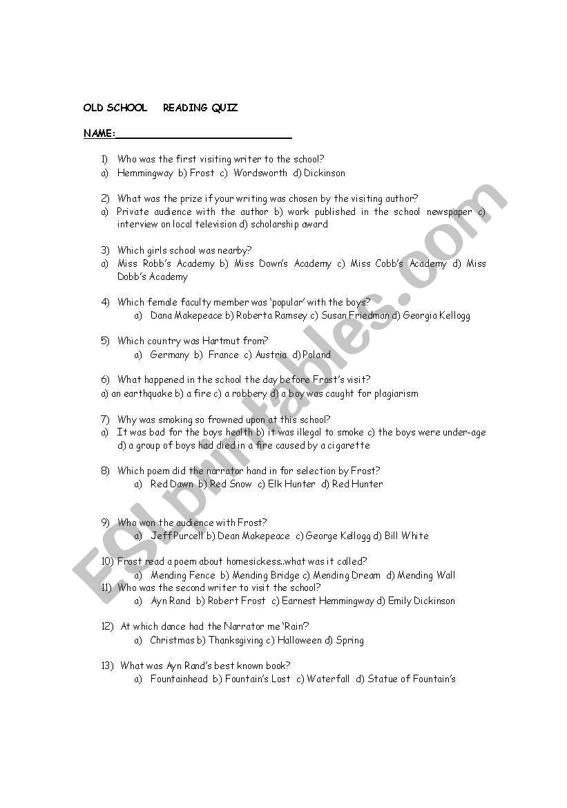OLD SCHOOL by Tobias Wolff   End of Novel Quiz.