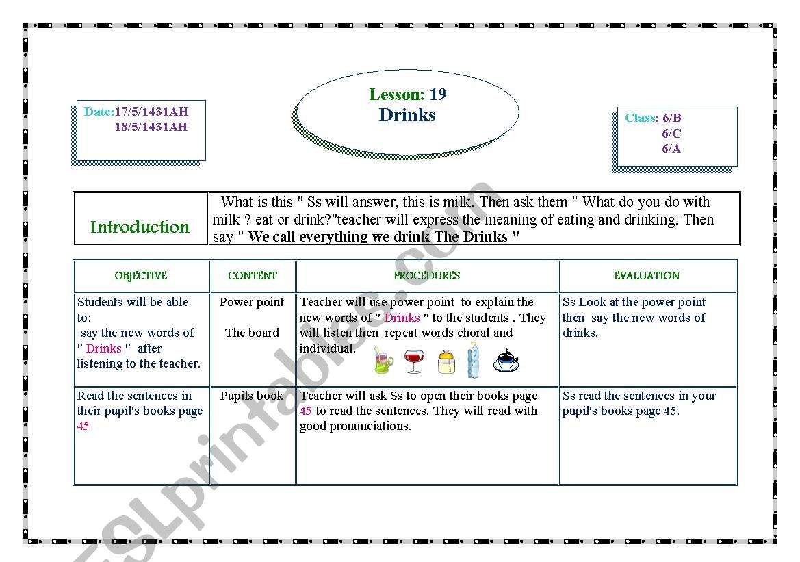 lesson plan for( Drinks lesson )