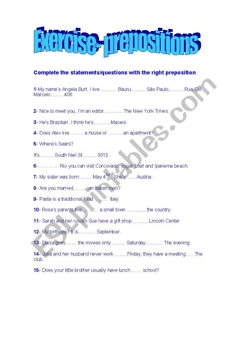 preposition worksheet